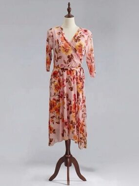 NEW Stella & Julie Floral Midi Dress Size 12 Pink Mesh 3/4 Sleeves